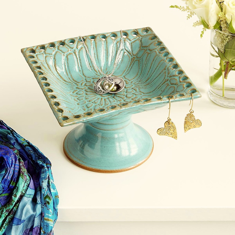 Pottery Pedestal Jewelery Holder Tray - in Dark Teal